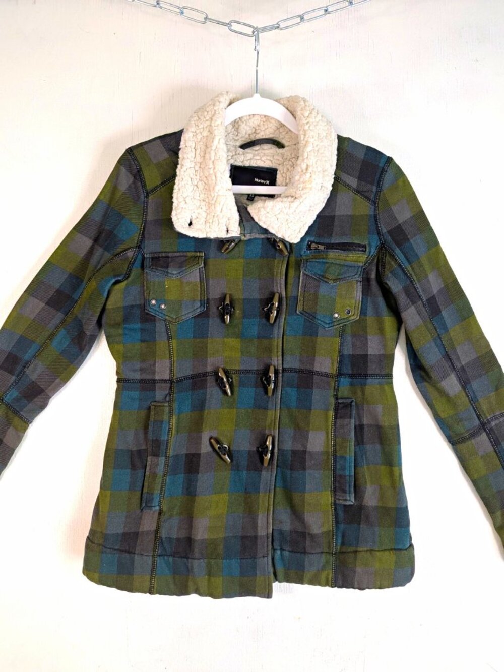 Hurley Womens XS Plaid Toggle Coat Sherpa Collar Lined Jacket Green Blue Gray